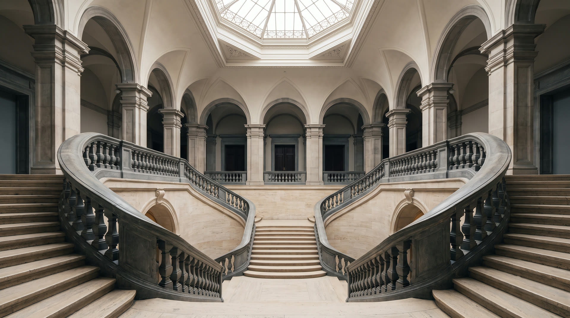 A grand symmetrical stone staircase inside a cultural institution beneath a skylight