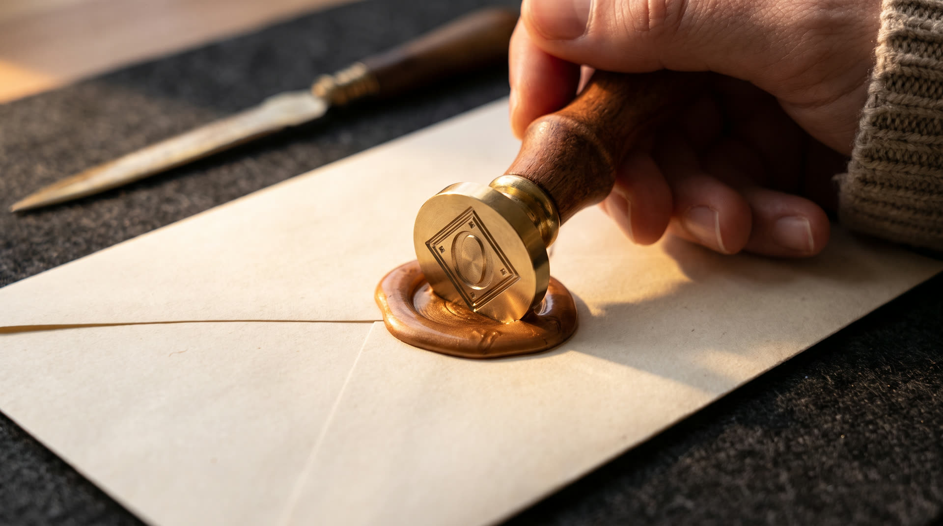 A hand pressing a wax seal onto a cream envelope with a brass stamp