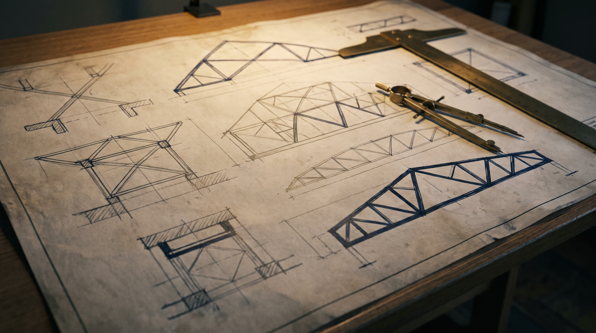 An architectural blueprint drawing with structural diagrams and a brass drafting compass