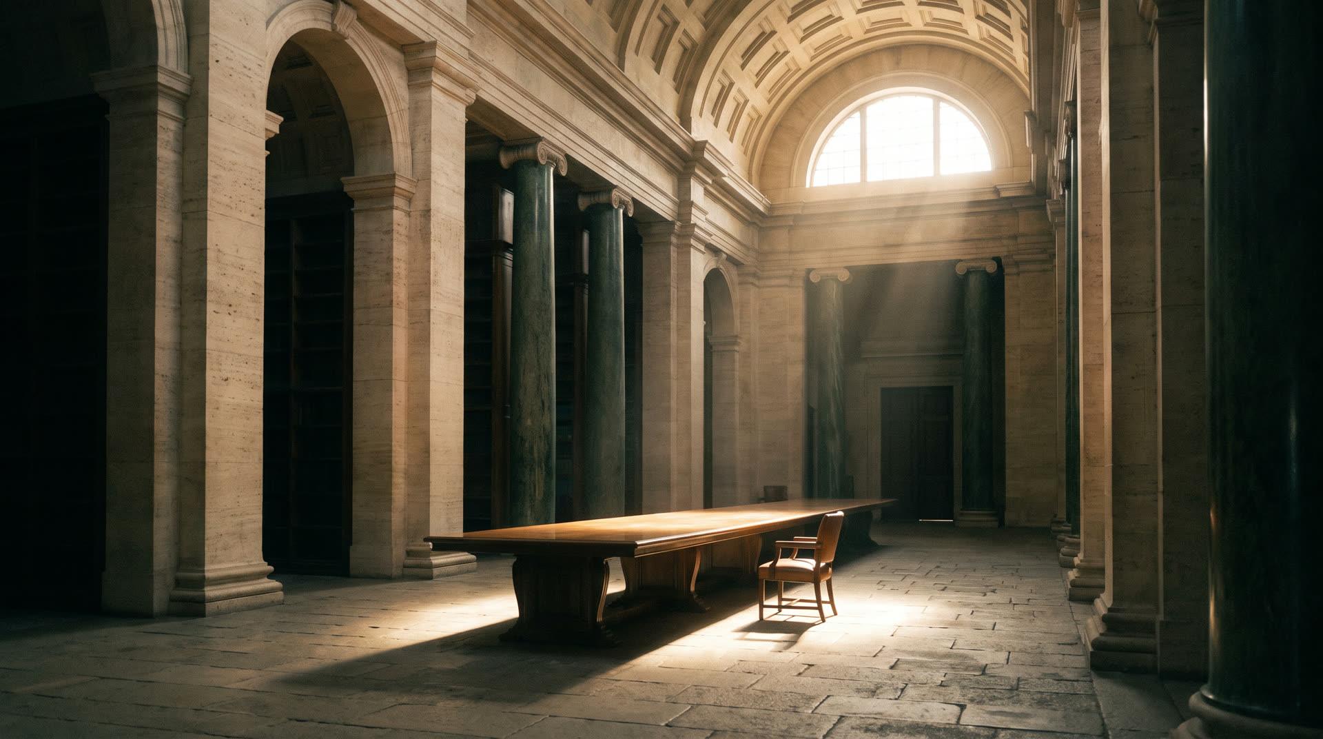 A quiet reading hall with soaring stone columns and a single shaft of morning light across an empty table