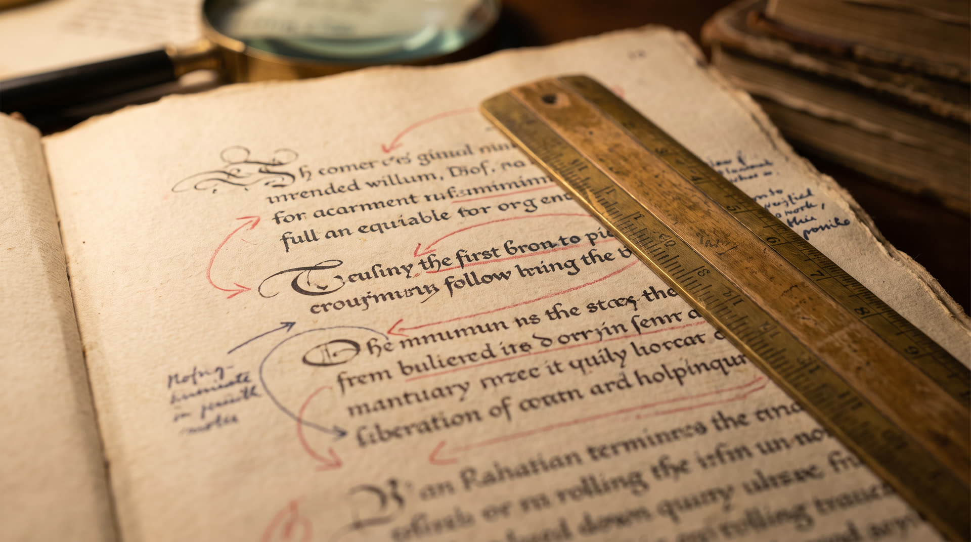A manuscript page under soft editing light with graphite annotations in the margin