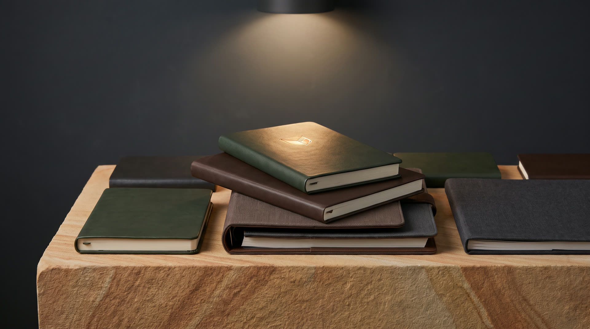 A stack of leather-bound notebooks and journals on a wood table under warm light
