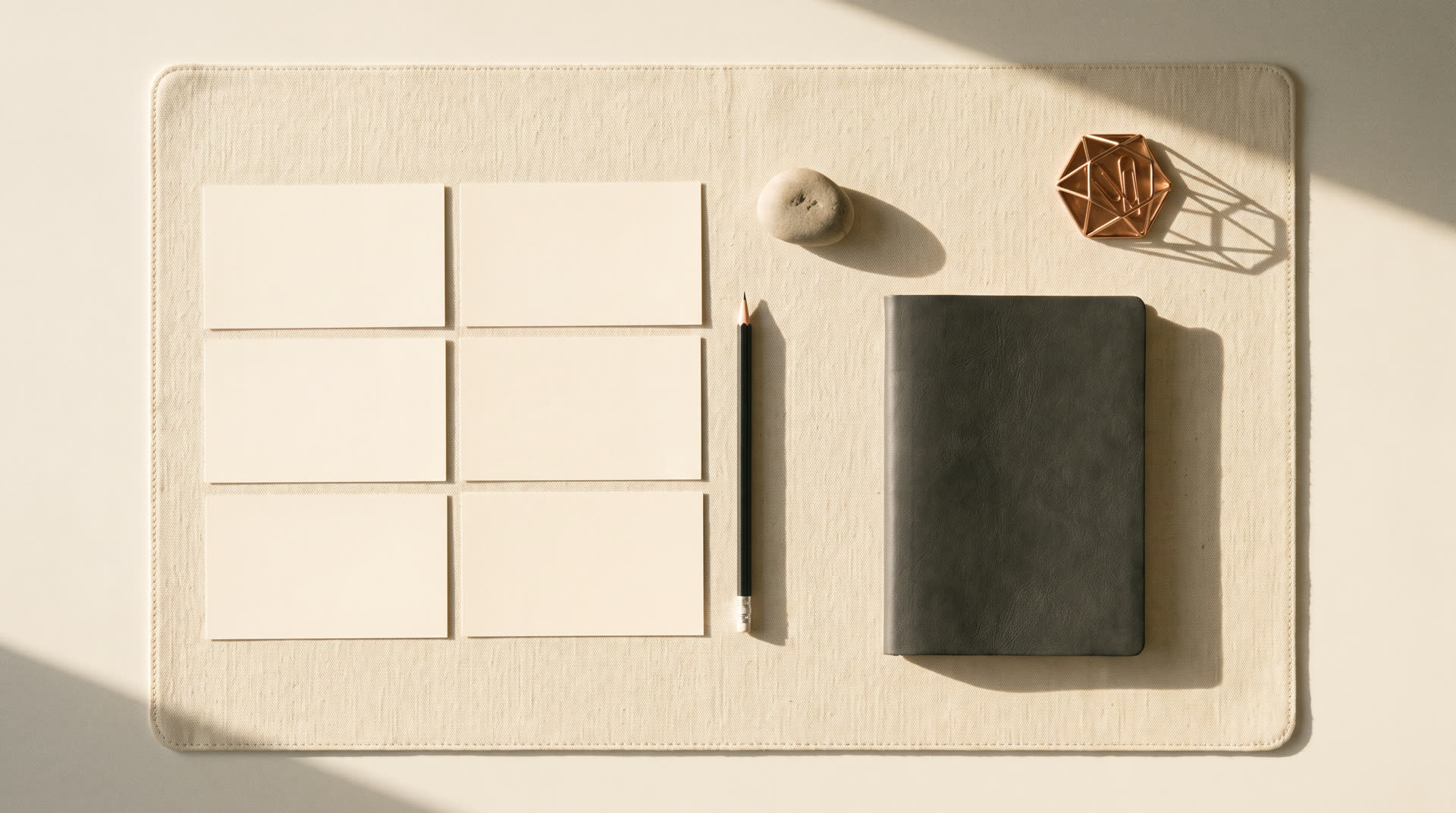 An overhead flat lay of a writer's desk with index cards, a pencil, and a leather notebook