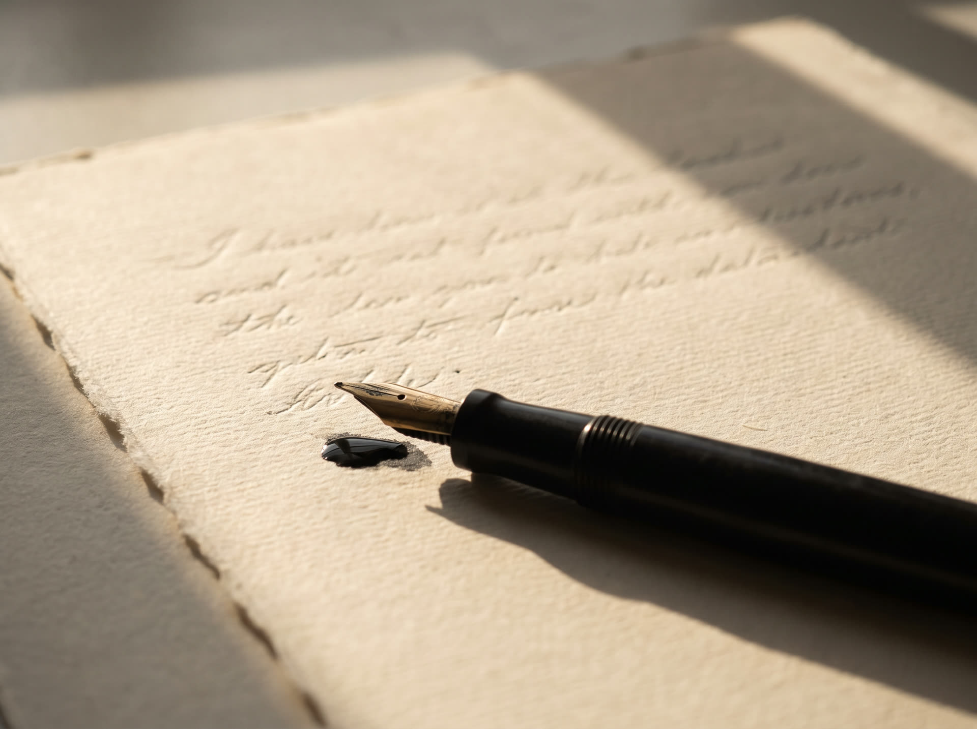 A fountain pen resting beside a drop of ink on a handwritten letter, sunlight crossing the page